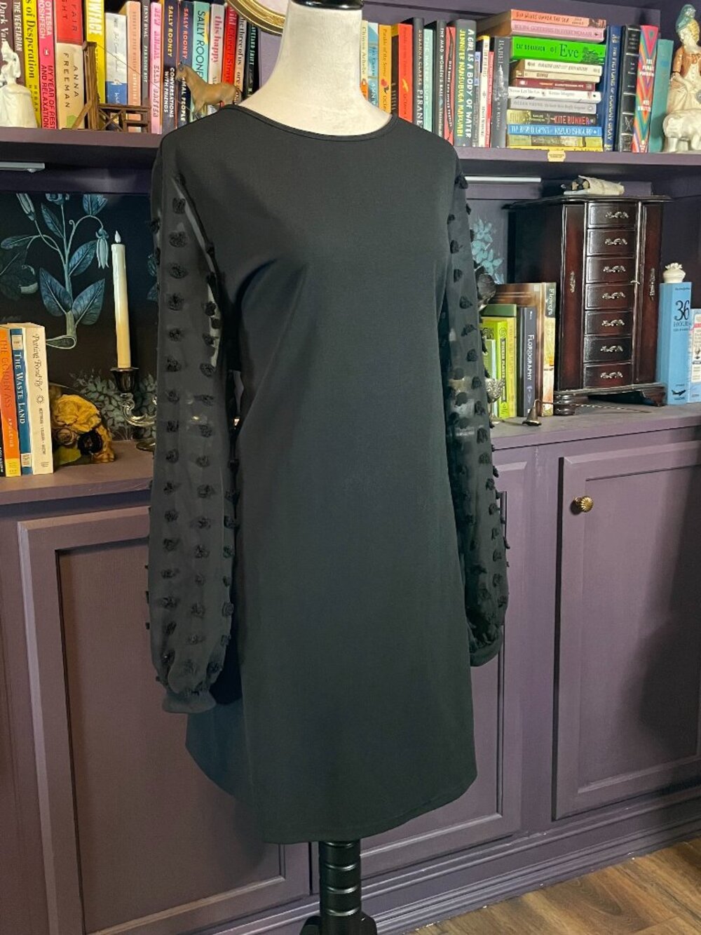 Black Textured Polkadot Midi Dress with Sheer Sleeves